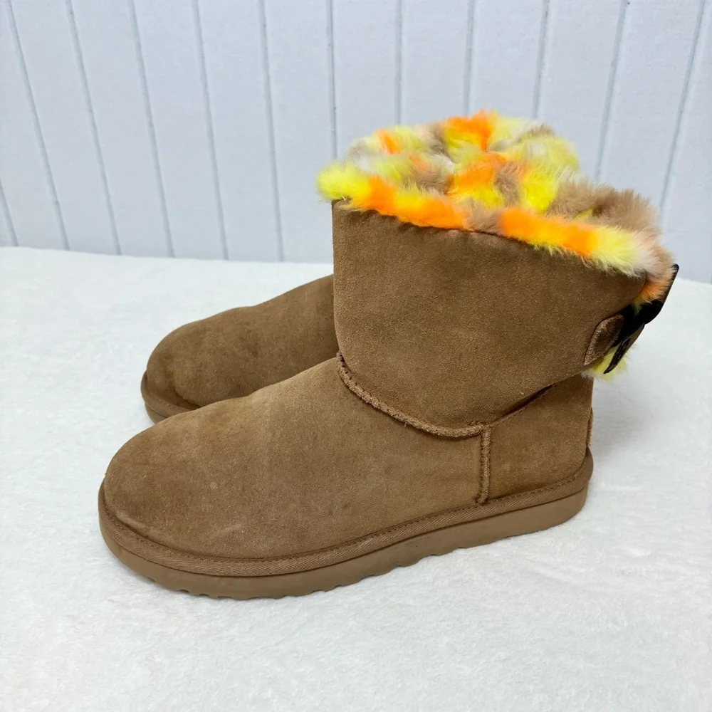 UGG CLASSIC MINI‎ BAILEY BOW PUNK PLAID CHESTNUT BOOTS Vibrant Fur Lining Size 9